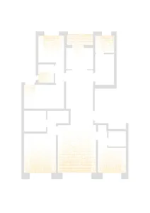 Black and white architectural floor plan of a modern multi-level residence with orange highlighted walls and furniture zones.
