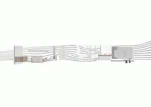 Monochrome illustration of a modern living room furniture collection featuring light oak cabinetry, a sculptural dining chair, modular shelving, and a media console against abstract linear background.