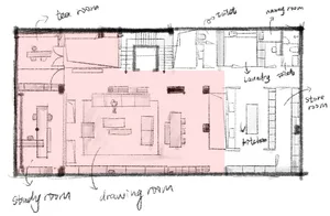 Hand-drawn architectural floor plan of a residential house showing living areas, kitchen, study room, drawing room, tea room, nanny room, laundry, toilet and storage spaces with a large pink overlay highlighting the main living zone.
