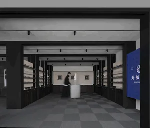 Modern monochrome boutique store interior featuring dark wood display shelves, central white counter, and checkered floor with a staff member working.