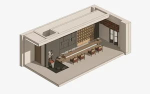 Isometric view of a modern reception lobby with a long wooden desk, four leather chairs, a grid-patterned wood feature wall, and integrated lighting.