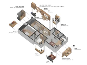Detailed isometric architectural floor plan of a 35-ping multi-functional apartment showing various zones including living, sleeping, working and storage areas with bilingual labels.