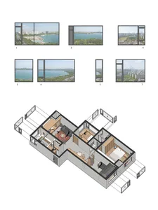 3D axonometric floor plan of a modern apartment showing living room, bedrooms, and study, accompanied by seven large window elevation photos displaying views of a lake and city skyline.