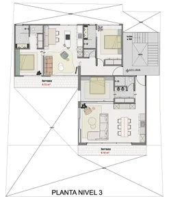 Black and white architectural floor plan labeled PLANTA NIVEL 3, displaying the third-floor layout of a modern apartment including living room, dining area, kitchen, three bedrooms, bathrooms, and two terraces measuring 9.72 m² and 9.10 m².