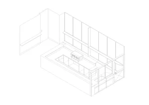 Isometric architectural line drawing of a commercial kitchen featuring a central cooking island, multiple storage units, and pass-through service counter.
