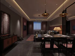 Modern luxury dining room with dark walnut table and chairs with pink cushions, multiple circular pendant lights, sideboard with Chinese art panel, and connected living area in the background.
