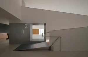 Top-down view of a minimalist concrete staircase with metal handrail leading to a lower level featuring a floating light-oak cabinet against a bright window.