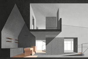 Architectural rendering of a modern brutalist living room featuring exposed concrete walls, a floating staircase, built-in wooden shelves, and terracotta modular sofas.