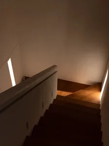 View looking down a modern wooden staircase with dark oak steps, smooth concrete-like walls, and warm LED strip lighting integrated along the sides.