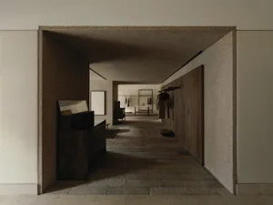 Modern minimalist entryway featuring a textured terrazzo ceiling and walls, dark wood cabinetry, and a long corridor with stone flooring.