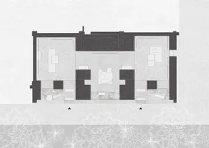 Black and white architectural floor plan of a modern single-story house featuring a central courtyard, living room, dining area, multiple bedrooms, and surrounding garden elements.