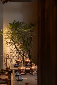 Intimate Taiwanese hot pot dining setup featuring four hammered copper pots on a dark wooden table, with dramatic lighting casting intricate shadows from leafy branches onto a textured wall.