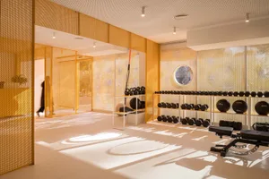 Modern home gym interior featuring bright yellow perforated metal room dividers, dumbbell storage racks, exercise bench, and large windows allowing abundant sunlight to create strong shadows on the light floor.