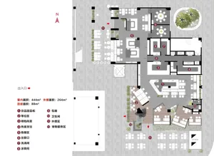 Detailed color-coded floor plan of a 444 square meter luxury restaurant featuring numbered functional zones, outdoor patio, and circulation paths with a north arrow indicator.