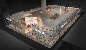 Overhead view of a large modular exhibition booth constructed with a silver steel truss system and fabric panels, branded with Higold, featuring multiple illuminated interior display rooms.