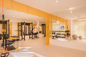 Modern home gym interior with bright yellow perforated metal room dividers, large wall mirrors, black gym equipment, and natural light streaming through windows.