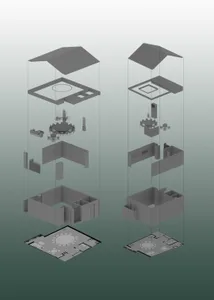 Monochromatic 3D exploded axonometric view showing all architectural layers, furniture, and ceiling details of a luxury circular dining room from top to bottom.