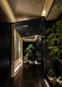 Modern Japanese-style hallway featuring dark wood paneling, linear LED lighting, a large bonsai tree, and a miniature zen garden with rocks and moss.