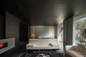 Modern minimalist living room featuring dark wood ceiling, built-in linear fireplace, white daybed, and large glass doors opening to a garden.