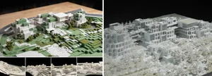 Two views of a white and green architectural model of a large-scale terraced urban complex with trees and landscaping, displayed on a wooden table and against a dark background.