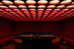 Interior view of a nightclub DJ booth featuring two turntables and mixer on a curved console, surrounded by red velvet curved banquettes under a ceiling covered with dozens of glowing red circular light panels.