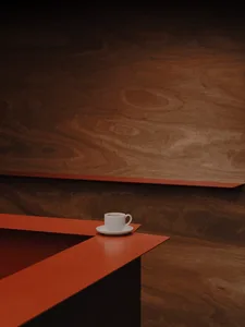 特寫白瓷義式咖啡杯與碟子置於紅色吧台上，背景為溫潤胡桃木牆面