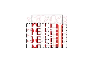 Architectural floor plan drawing shown in black, white and red, featuring a tall vertical light well on the right side and abstract red organic shapes overlaid on the upper portion.