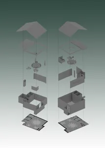Monochromatic 3D exploded axonometric diagram showing floor plans, interior layouts, and structural components of a two-tower office building.