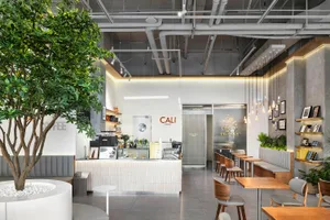 Modern industrial-style cafe interior with a large potted tree in a white pebble planter, wooden tables and chairs, concrete walls, and pendant lighting.