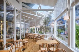 Modern glasshouse-style restaurant interior with wooden tables, bentwood chairs, skylight ceiling and large windows overlooking the street.