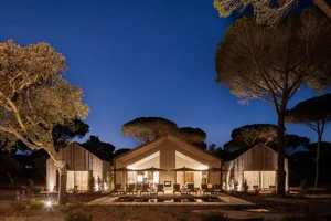 Night view of a modern villa featuring extensive wood cladding, a large illuminated wooden deck with outdoor furniture and umbrellas, surrounded by tall pine trees under a starry twilight sky.