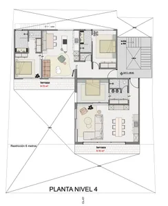 Technical floor plan drawing labeled PLANTA NIVEL 4 showing the complete layout of the fourth level of a luxury duplex apartment, including two bedrooms, living areas, kitchen, bathrooms, staircases, and two terraces measuring 9.72 m² and 9.10 m².