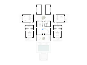 Black and white architectural floor plan of a symmetrical cross-shaped luxury villa featuring multiple bedrooms, living areas, a central courtyard with trees, and a large rectangular swimming pool at the bottom.