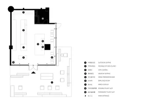 Black and white architectural floor plan of a modern cafe showing numbered zones for outdoor seating, movable kitchen island, sofa seating, window seating, drink preparation bar, employee room, merch display, and plant slots.