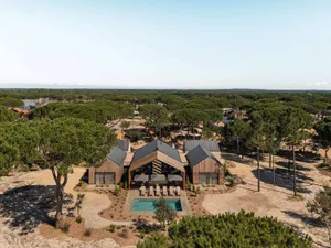 Aerial photograph of a modern wooden villa complex featuring a rectangular swimming pool, outdoor lounge area, and dark gabled roofs surrounded by dense pine trees in a sandy landscape.