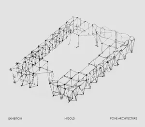 Black wireframe architectural model of a large rectangular pavilion with intricate geometric connections, displayed against a light gray background.