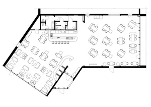 Black and white architectural floor plan of a large modern office featuring open workspaces, meeting tables, lounge seating, and support facilities.
