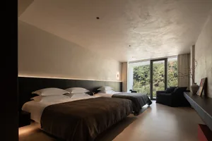 Modern minimalist twin hotel bedroom featuring two large beds with dark brown throws, a black upholstered headboard with LED backlighting, textured plaster walls, and large windows overlooking a dense forest.