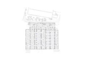 Black and white architectural floor plan drawing of a luxury resort complex, displaying detailed room layouts, circulation paths, multiple courtyards, and extensive surrounding landscape and garden areas.