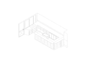 Isometric line drawing of a modern L-shaped kitchen featuring a large central island with sink, lower cabinetry, and adjacent built-in shelving units.