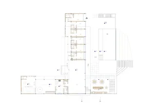 Architectural floor plan drawing of a modern multi-story villa featuring living room, dining area, multiple bedrooms, kitchen, and extensive outdoor terraces.