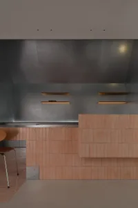 Modern kitchen featuring a terracotta tile counter and partition wall with floating wooden shelves against a textured concrete wall.