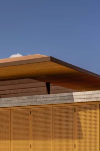 Close-up view of a modern building facade featuring warm wooden perforated screens, a thick concrete eave, and horizontal wood cladding against a clear blue sky.