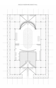 Black and white technical floor plan of the Higold Hardware Energy Hall, displaying an oval central atrium, stage area, seating arrangements, and prominent X-shaped steel roof trusses.