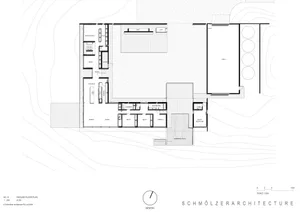 Black and white architectural ground floor plan drawing of a modern single-level residence featuring master bedroom, three additional bedrooms, open-plan kitchen, dining and living areas, laundry, multiple bathrooms, and an extensive outdoor area with swimming pool, BBQ, and shed.
