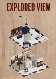建築爆炸圖示意，呈現兩層現代住宅的機能分區、家具配置與材質區分。