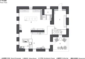 Black and white 2D floor plan of a modern retail showroom labeled in both English and Chinese, showing Brand Showcase, Fitting Room, Workbench Pause, Coffee Bar, and Outdoor Showroom terrace.