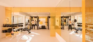 Modern home gym interior featuring bright yellow perforated metal room dividers, large mirrors, weight racks, benches, and two people training with barbells.