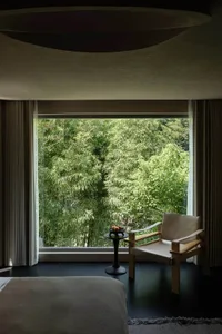 Modern bedroom interior featuring a wooden and linen armchair next to a large window overlooking a lush green bamboo forest, with dark flooring and curved ceiling details.
