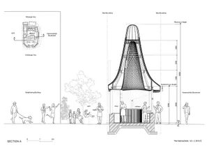 Architectural section drawing of The hatchmachida, a conical mesh-screened street food kiosk on Haramachida Boulevard, showing interior layout, human scale figures, and surrounding context.